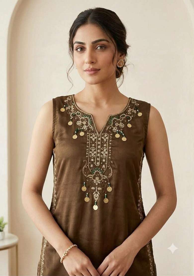 Brown Embroidery Moss Salwar Suit Set - Indya