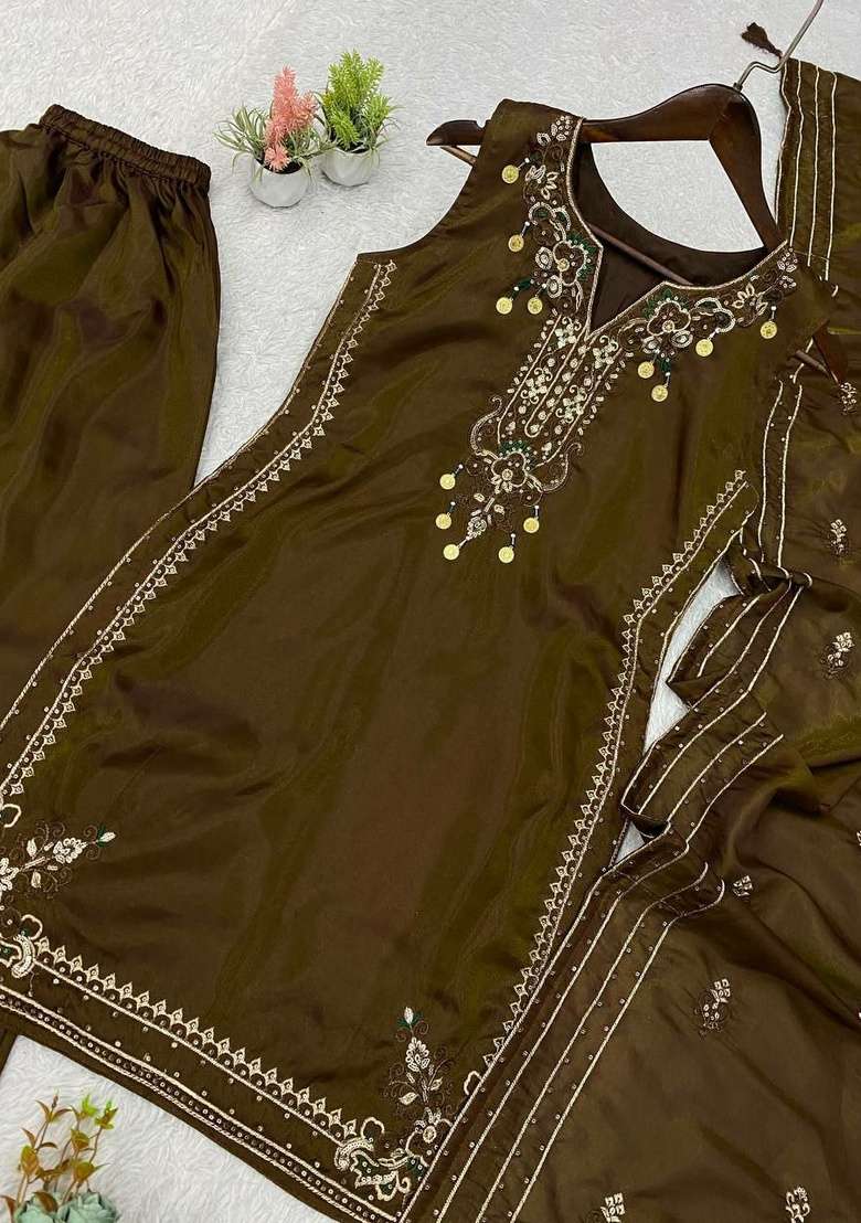 Brown Embroidery Moss Salwar Suit Set - Indya