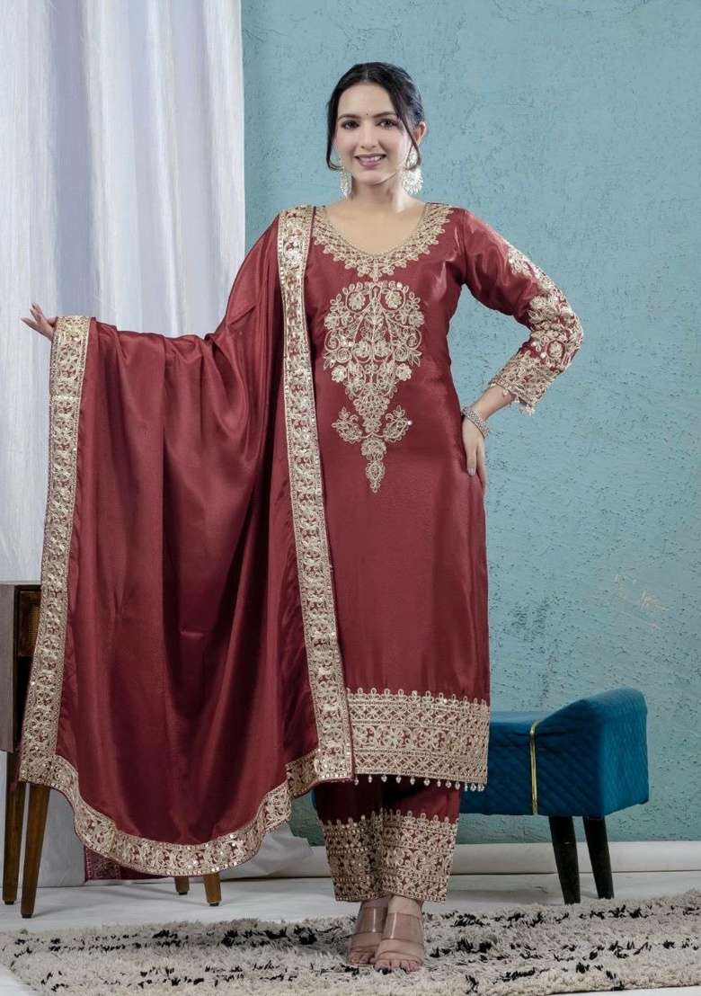 Maroon Embroidery Chinon Salwar Suit Set - Indya