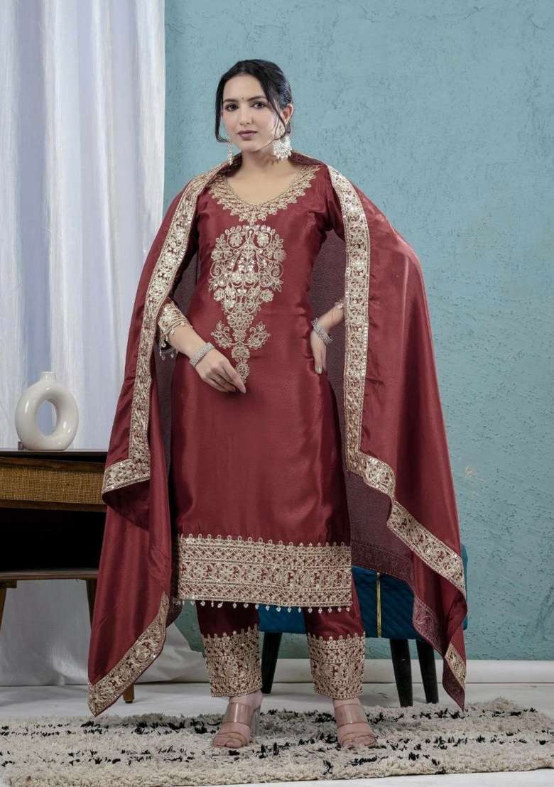 Maroon Embroidery Chinon Salwar Suit Set - Indya