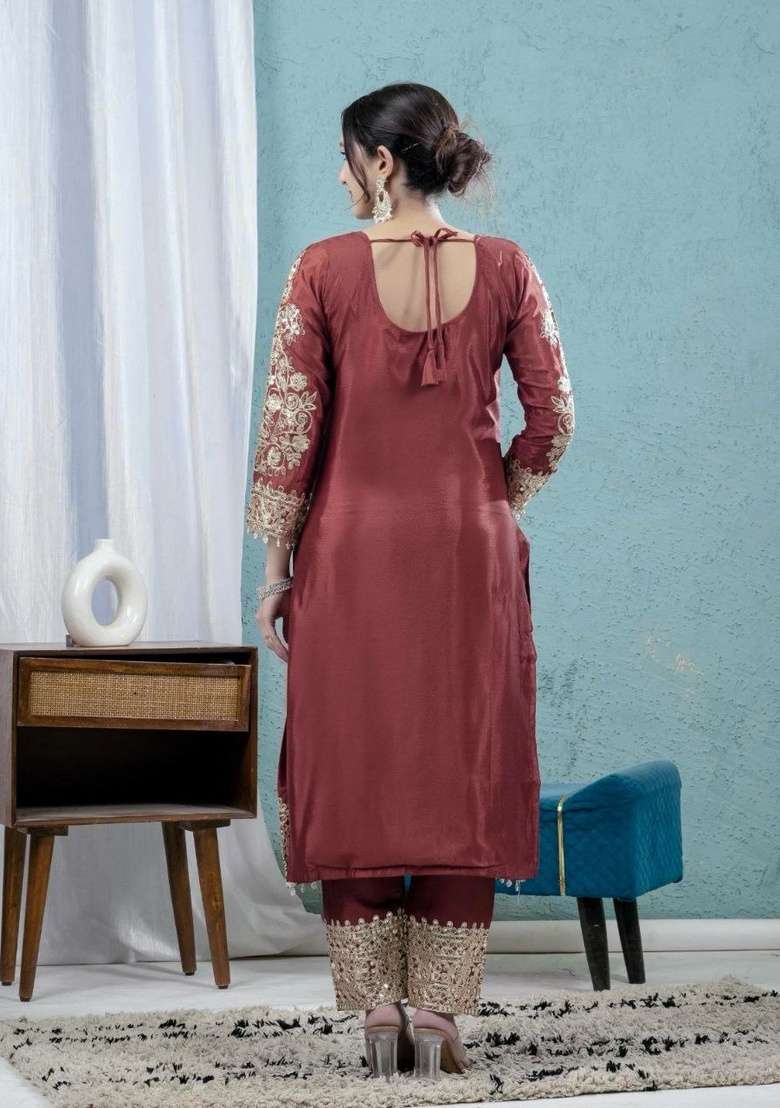 Maroon Embroidery Chinon Salwar Suit Set - Indya