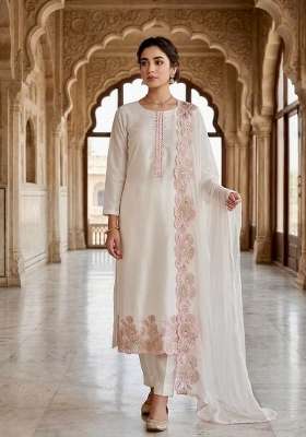 White And Pink Embroidery Silk Salwar Suit Set