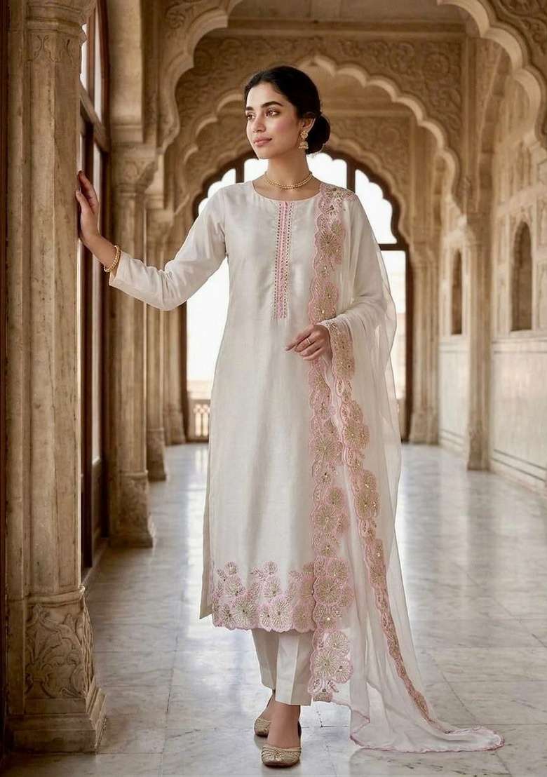 White And Pink Embroidery Silk Salwar Suit Set - Indya