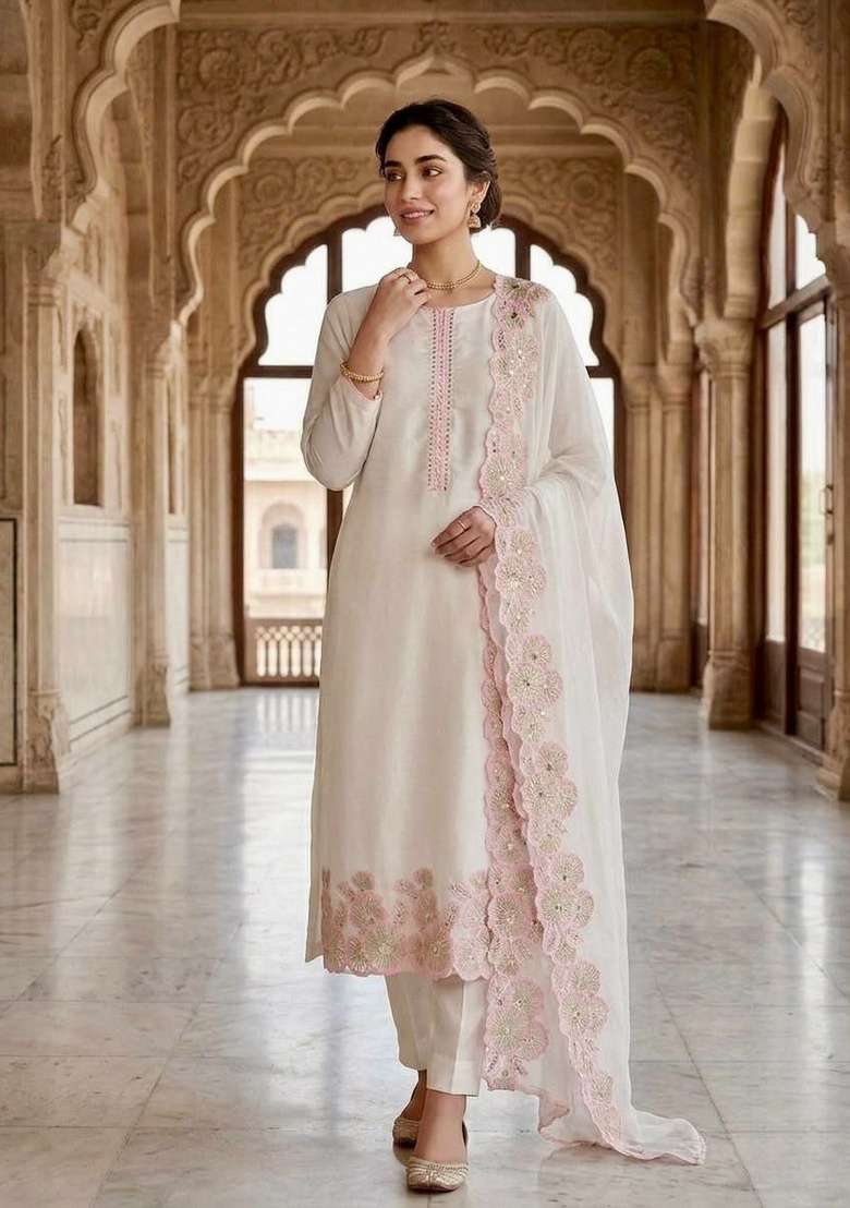 White And Pink Embroidery Silk Salwar Suit Set - Indya