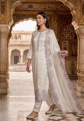 White And Purple Embroidery Silk Salwar Suit Set