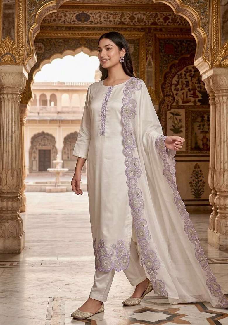 White And Purple Embroidery Silk Salwar Suit Set - Indya