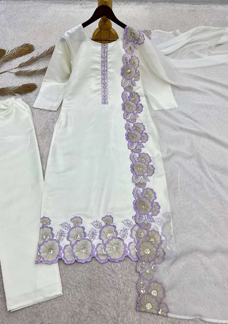 White And Purple Embroidery Silk Salwar Suit Set - Indya