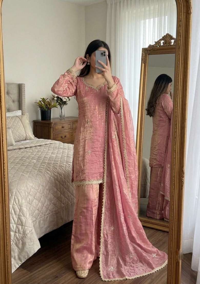 Pink Mirror Work Silk Salwar Suit Set - Indya