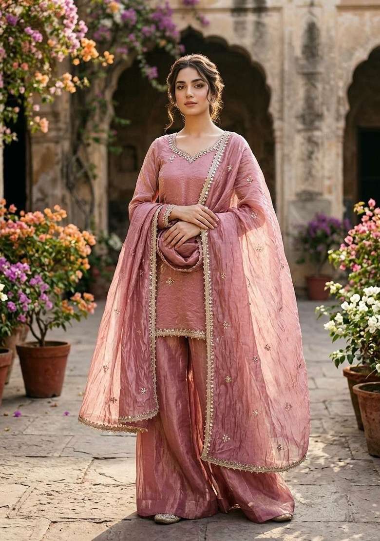 Pink Mirror Work Silk Salwar Suit Set - Indya