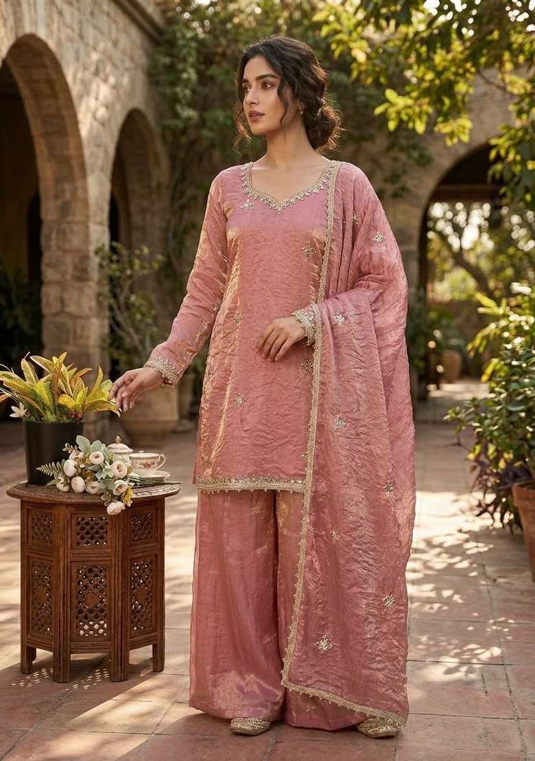 Pink Mirror Work Silk Salwar Suit Set - Indya