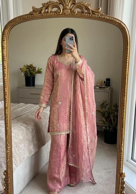 Pink Mirror Work Silk Salwar Suit Set