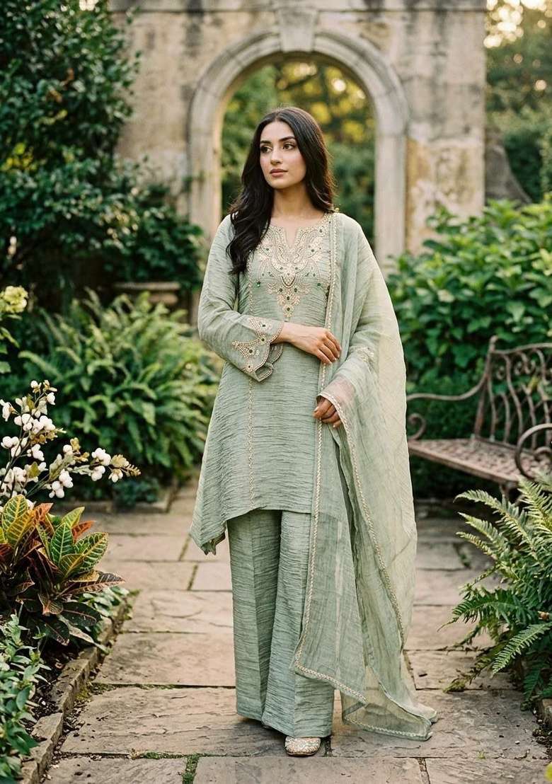 Green Embroidery Silk Salwar Suit Set - Indya