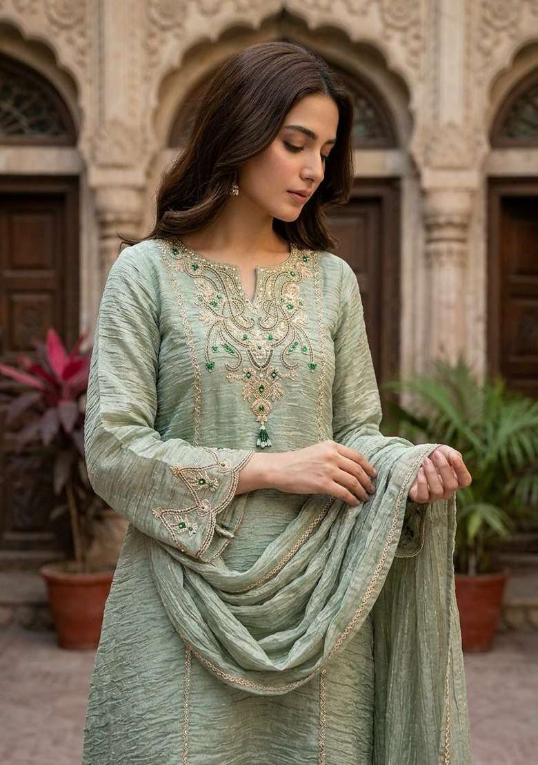 Green Embroidery Silk Salwar Suit Set - Indya