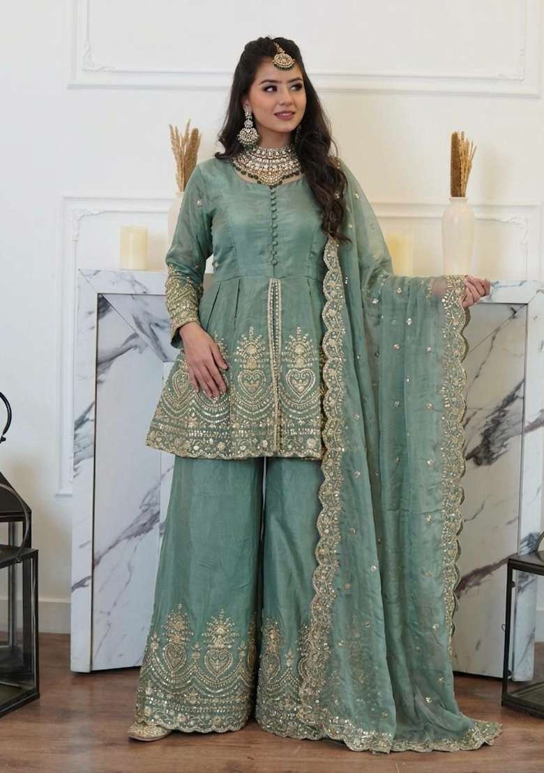 Blue Mirror Work Silk Salwar Suit Set - Indya