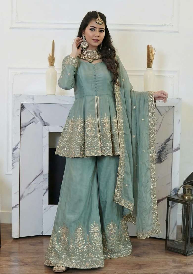 Blue Mirror Work Silk Salwar Suit Set - Indya