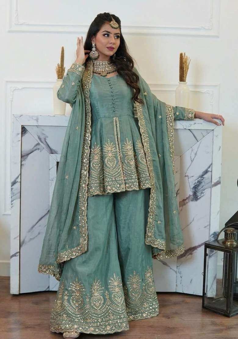 Blue Mirror Work Silk Salwar Suit Set - Indya