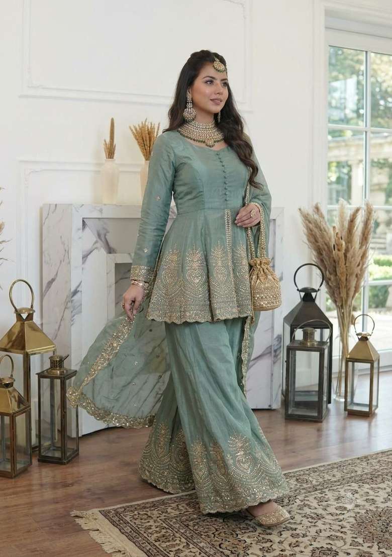 Blue Mirror Work Silk Salwar Suit Set - Indya