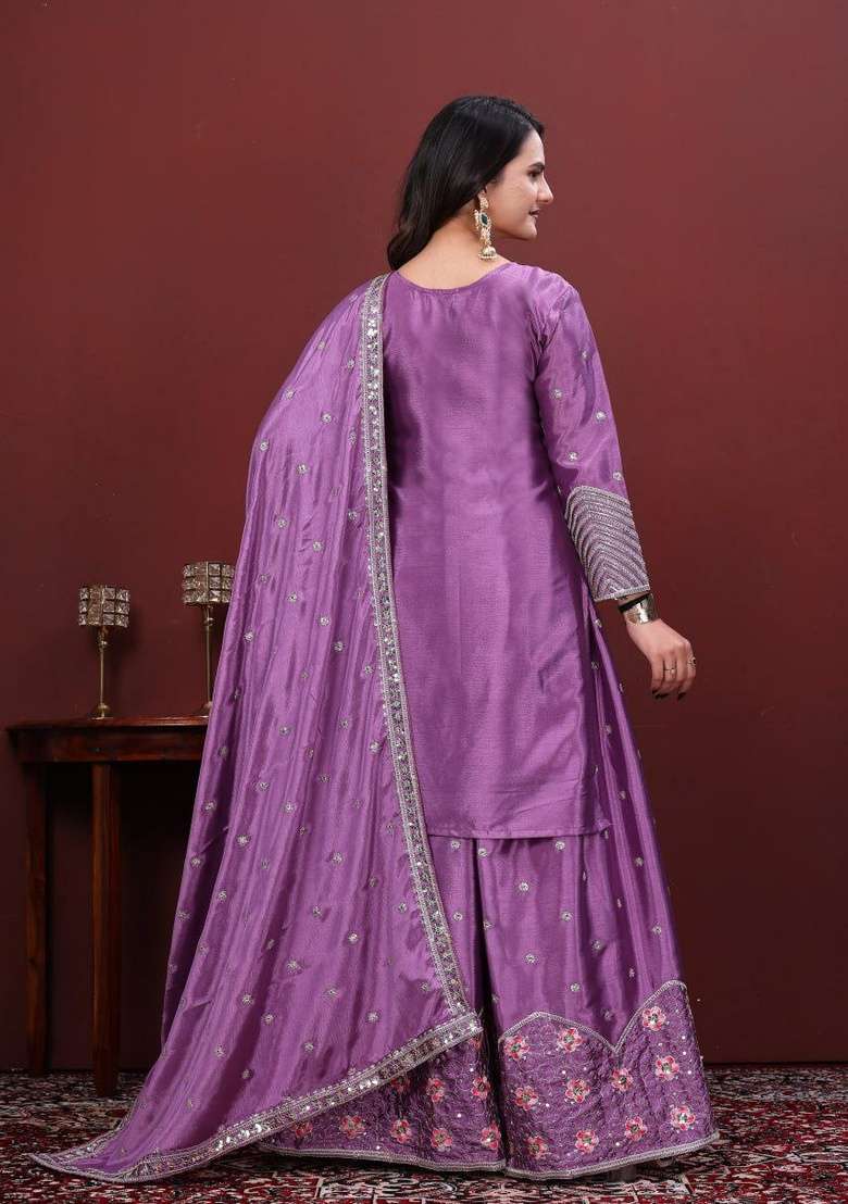 Purple Embroidery Chinon Salwar Suit Set - Indya