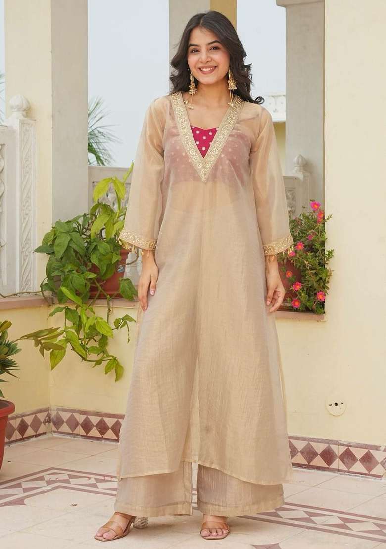 Golden Embroidery Tissue Salwar Suit Set - Indya