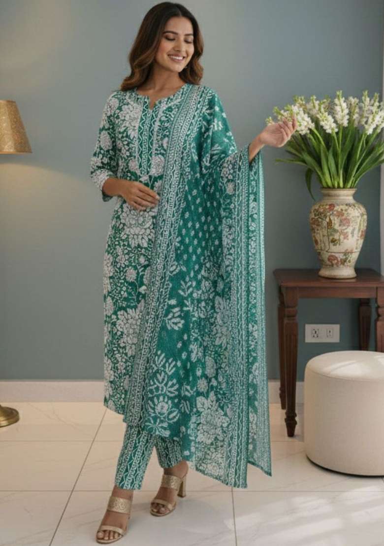 Green Printed Cotton Kurta Set - Indya