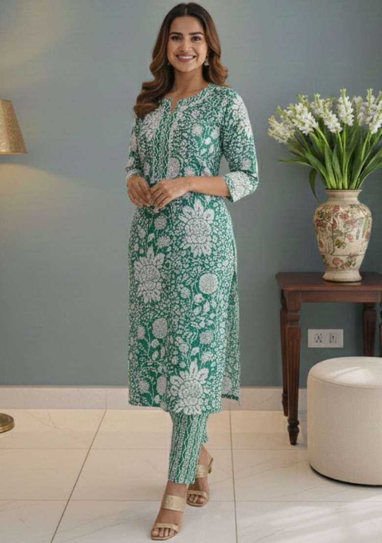 Green Printed Cotton Kurta Set - Indya