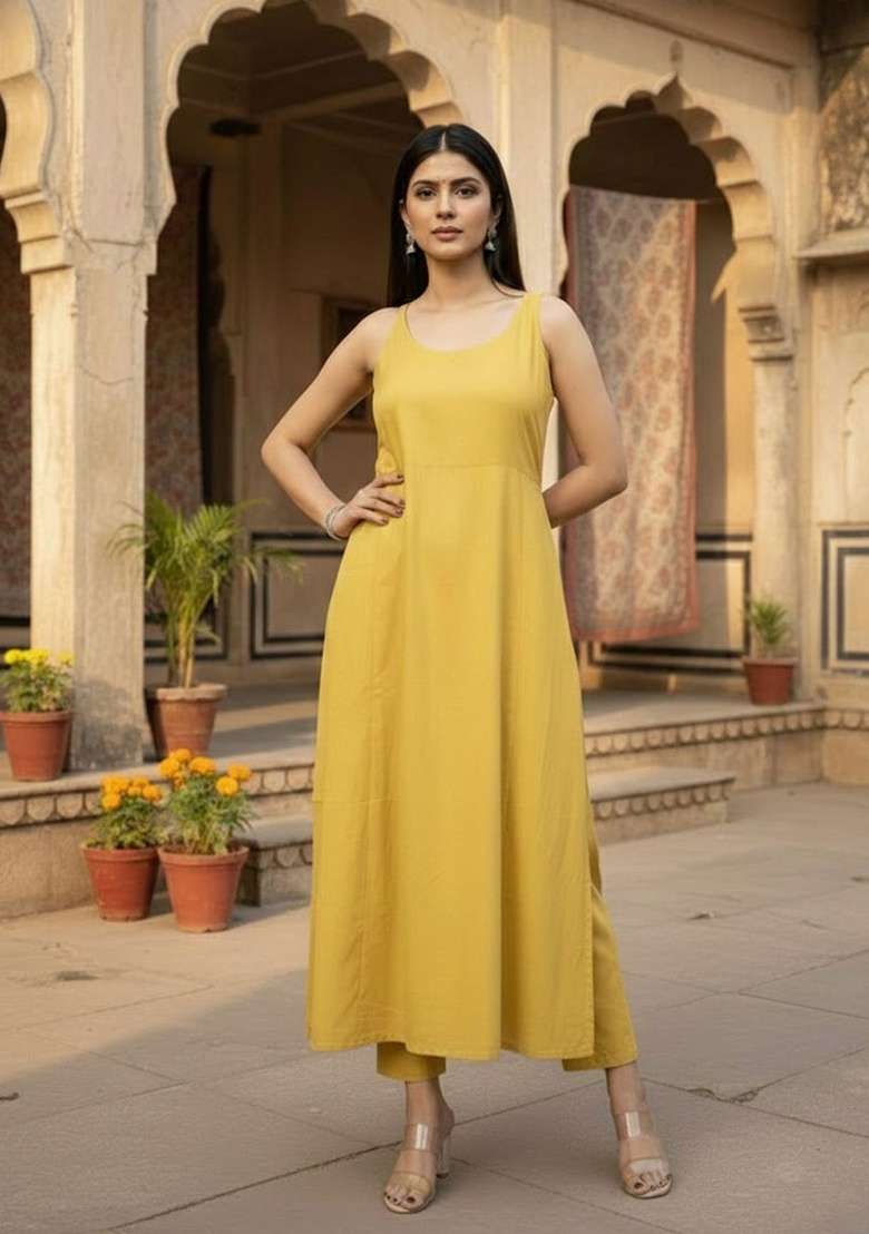 Mustard Solid Cotton Kurta Set - Indya