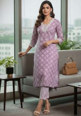 Lavender Printed Cotton Kurta Set