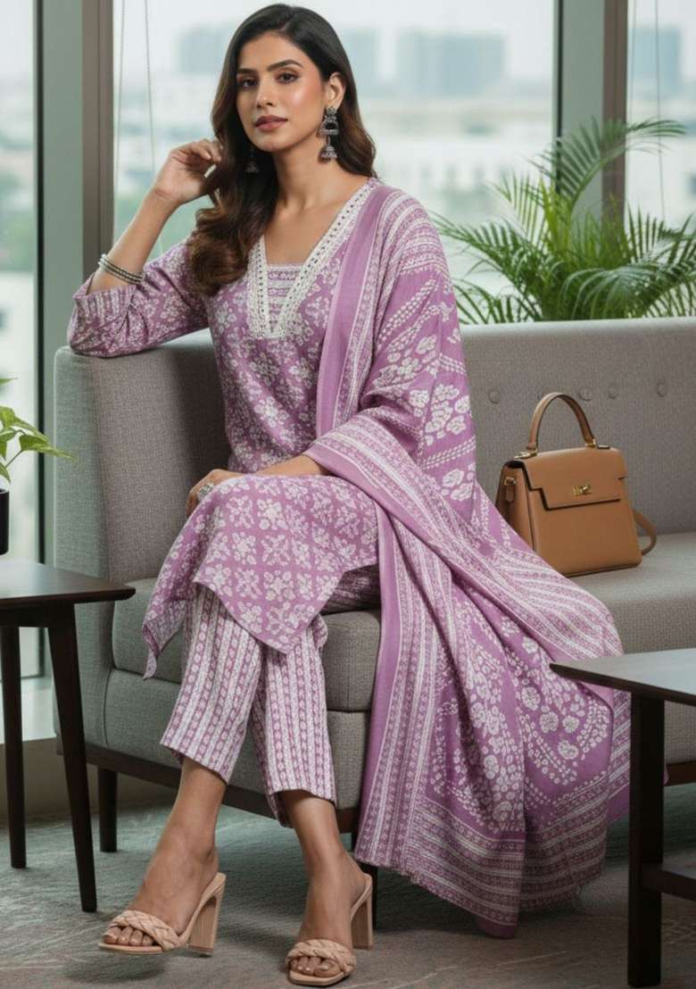 Lavender Printed Cotton Kurta Set - Indya