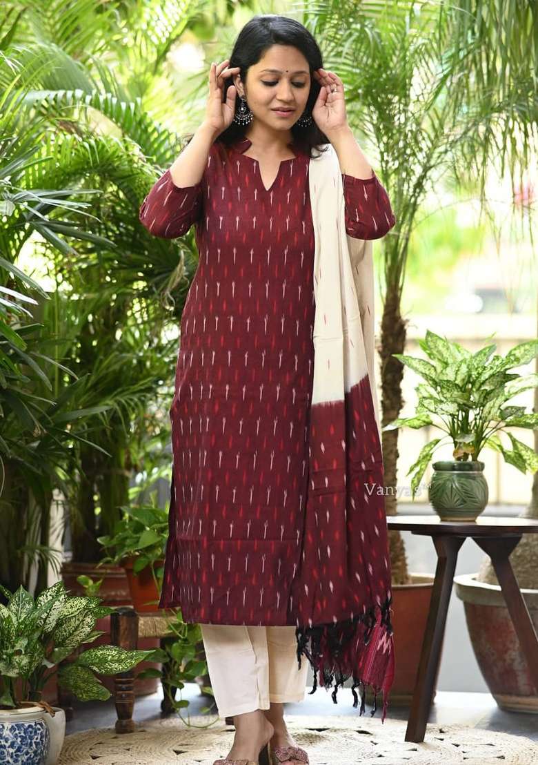 Maroon Printed Cotton Kurta Set - Indya