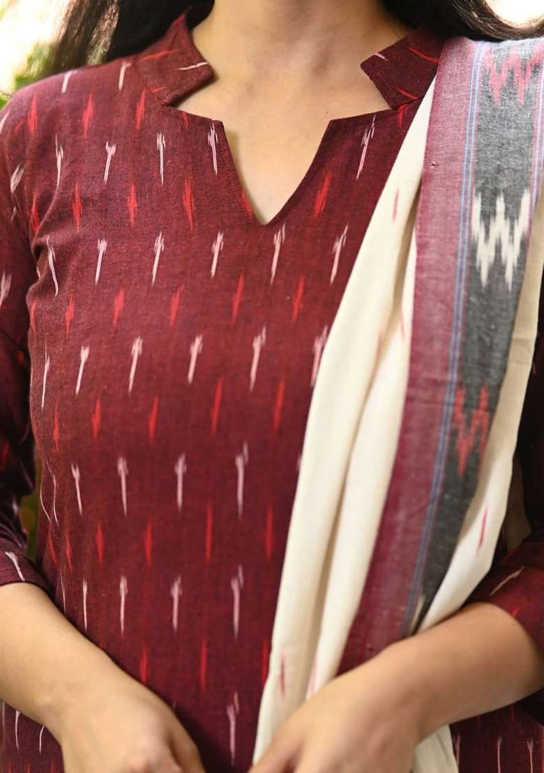 Maroon Printed Cotton Kurta Set - Indya