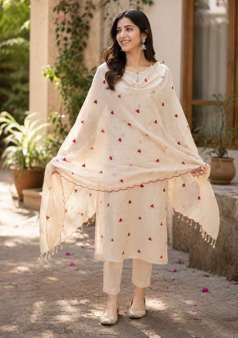 Beige Printed Cotton Kurta Set - Indya