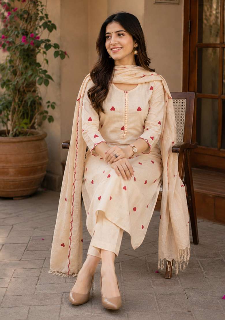 Beige Printed Cotton Kurta Set - Indya