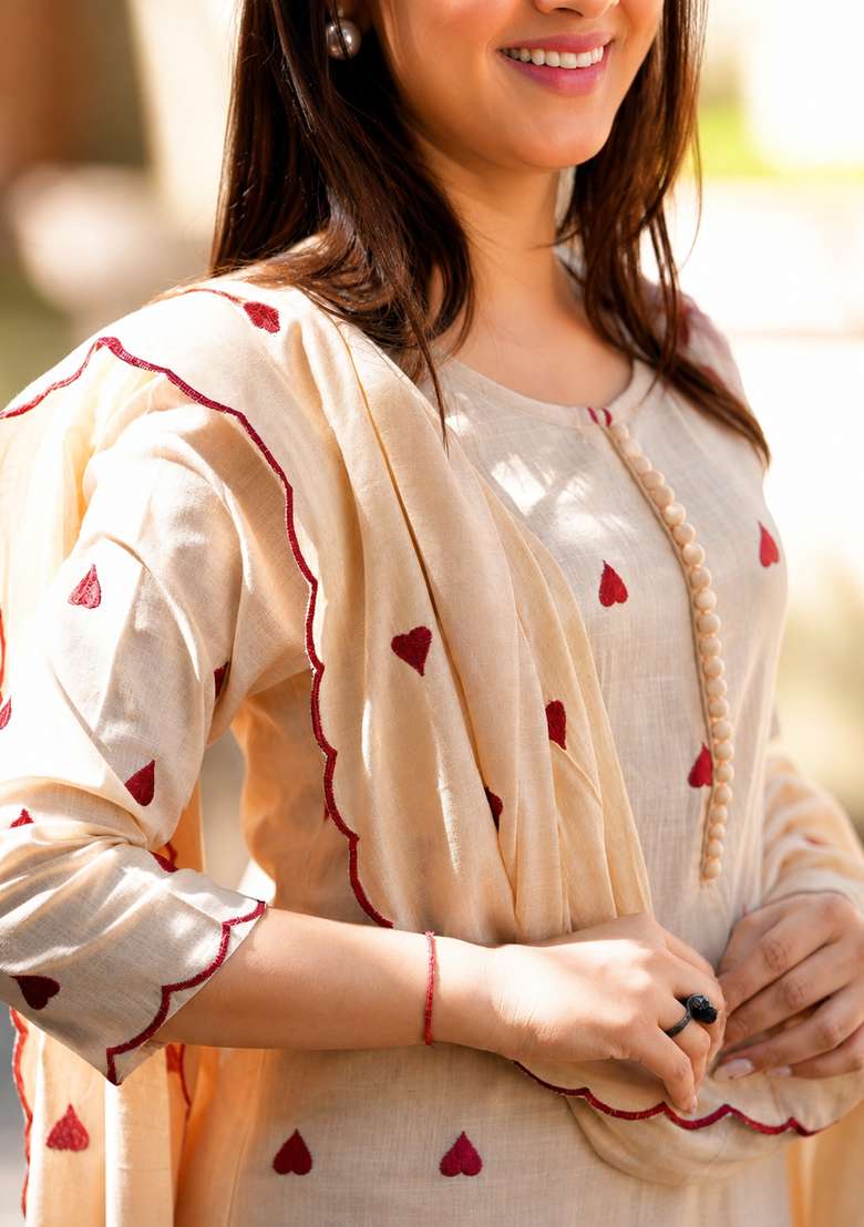 Beige Printed Cotton Kurta Set - Indya