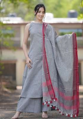 Grey Thread Work Cotton Kurta Set