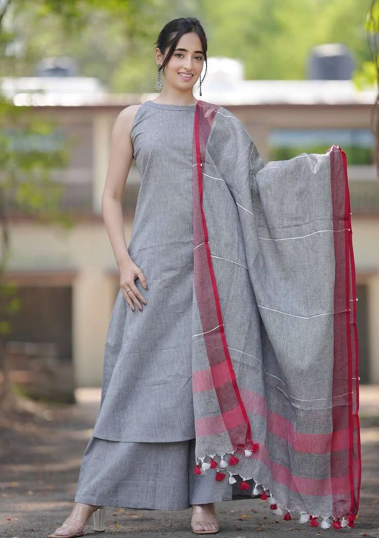Grey Thread Work Cotton Kurta Set - Indya
