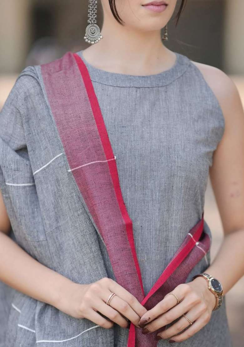 Grey Thread Work Cotton Kurta Set - Indya