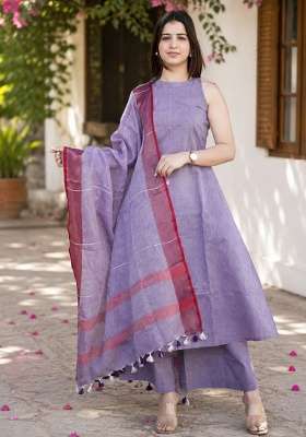 Lavender Thread Work Cotton Kurta Set
