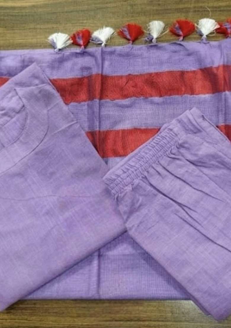 Lavender Thread Work Cotton Kurta Set - Indya