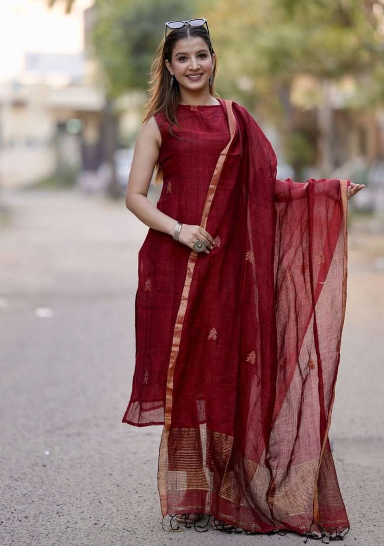 Maroon Printed Cotton Kurta Set - Indya