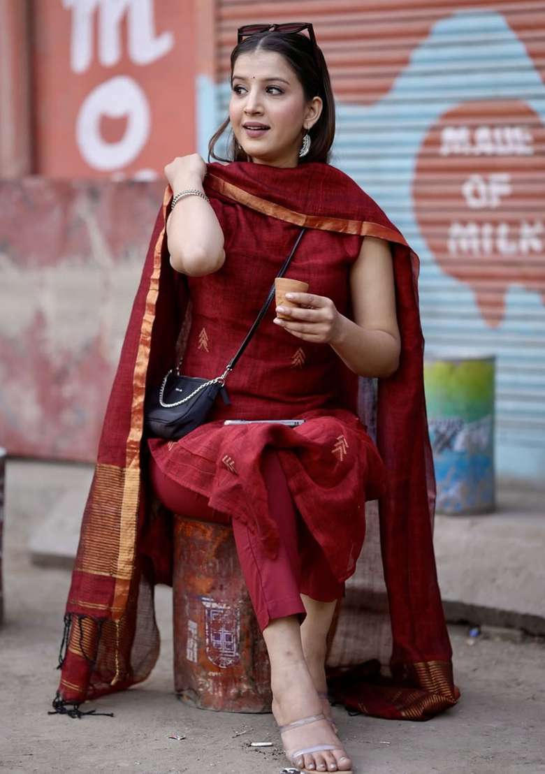Maroon Printed Cotton Kurta Set - Indya