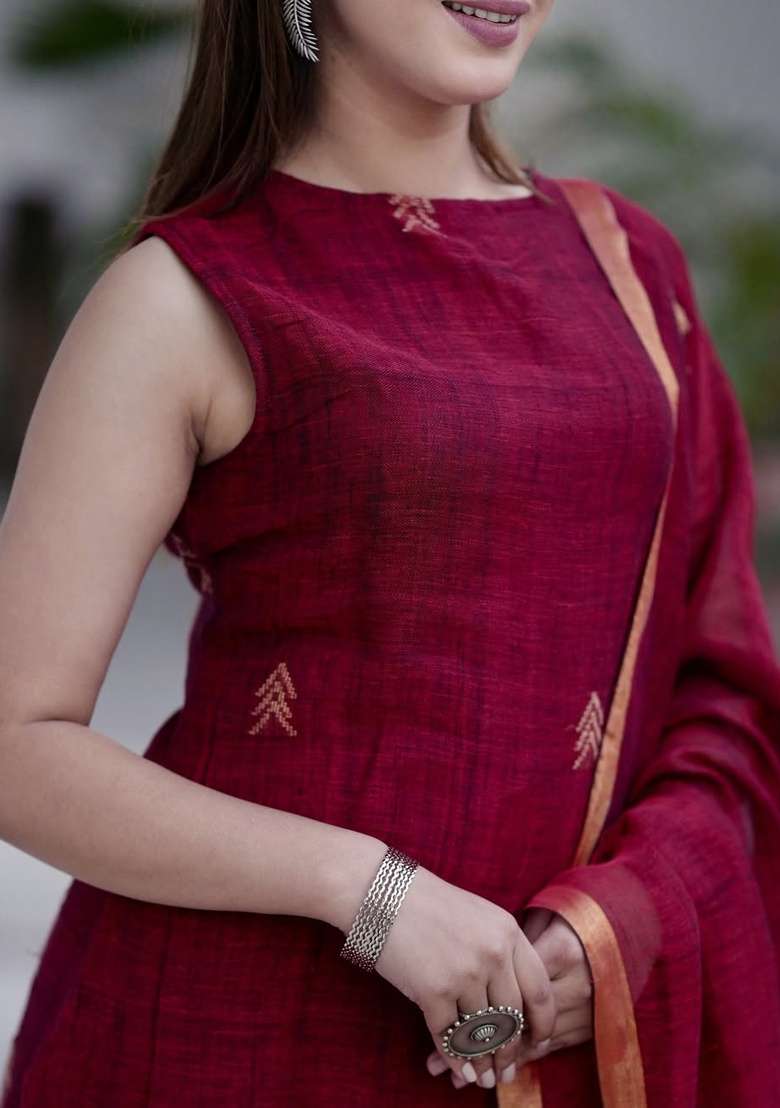 Maroon Printed Cotton Kurta Set - Indya