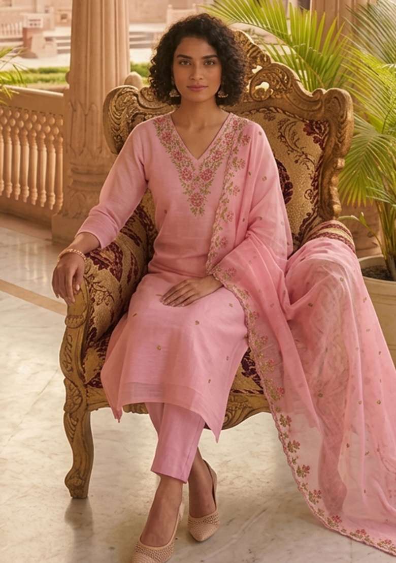Pastel Embroidered Cotton Kurta Set - Indya