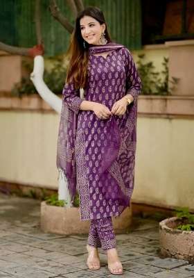 Purple Printed Cotton Kurta Set