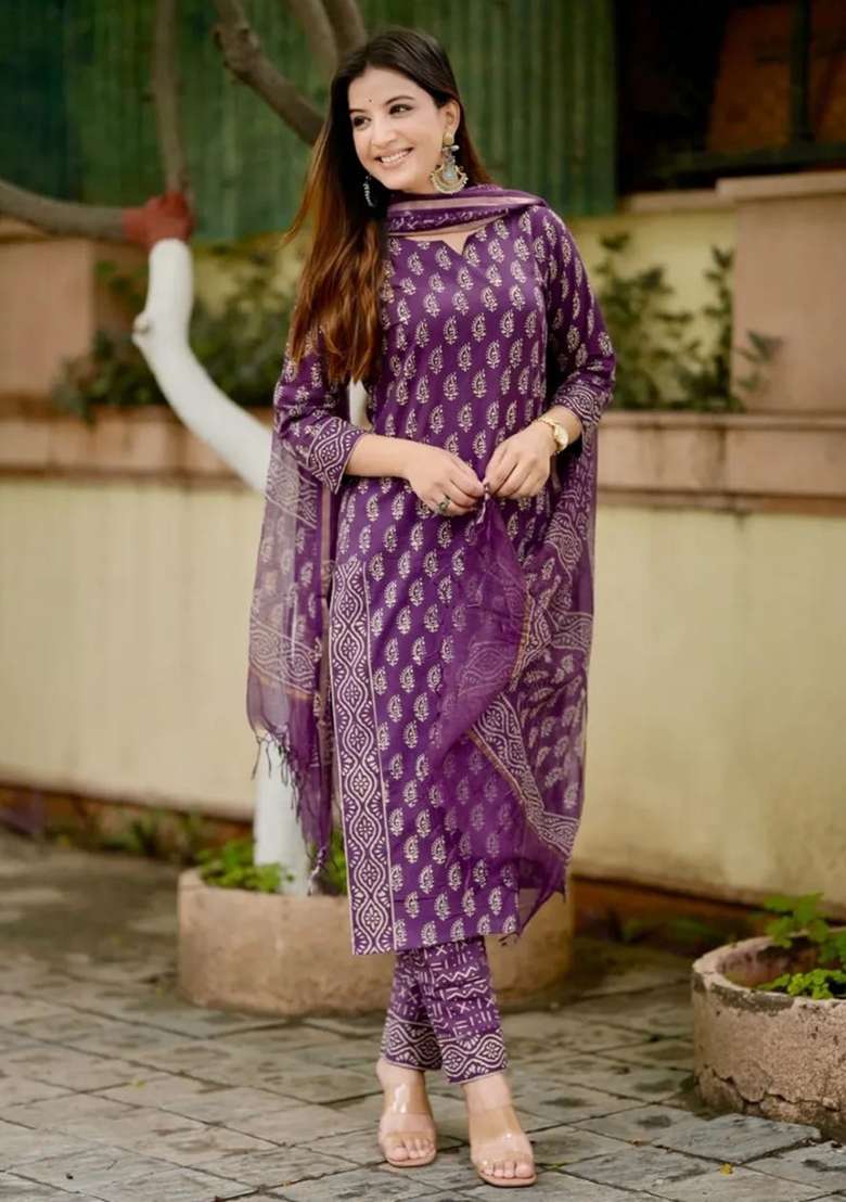 Purple Printed Cotton Kurta Set - Indya