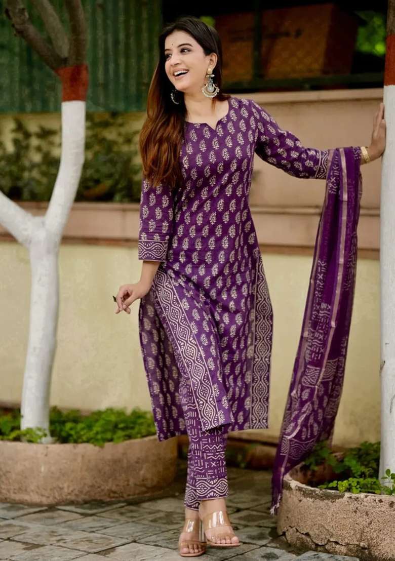 Purple Printed Cotton Kurta Set - Indya