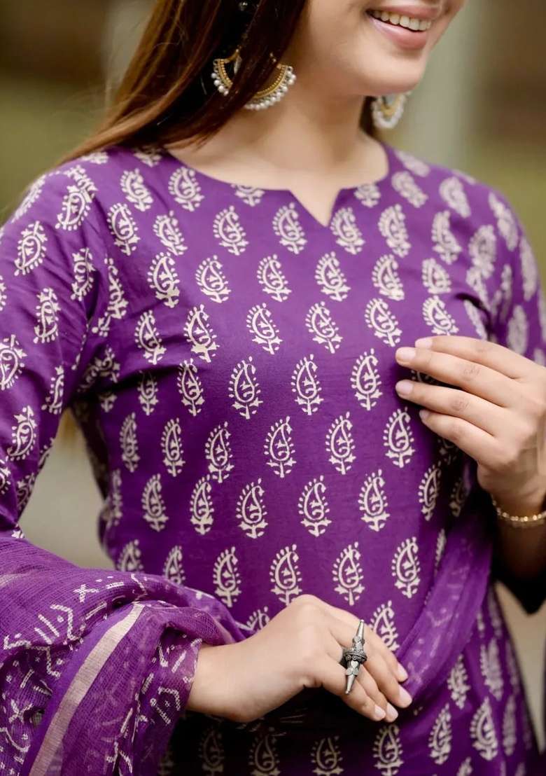 Purple Printed Cotton Kurta Set - Indya