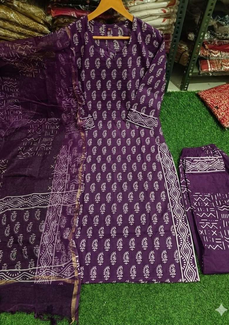 Purple Printed Cotton Kurta Set - Indya