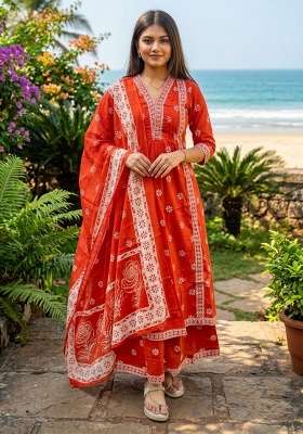 Orange Printed Cotton Kurta Set