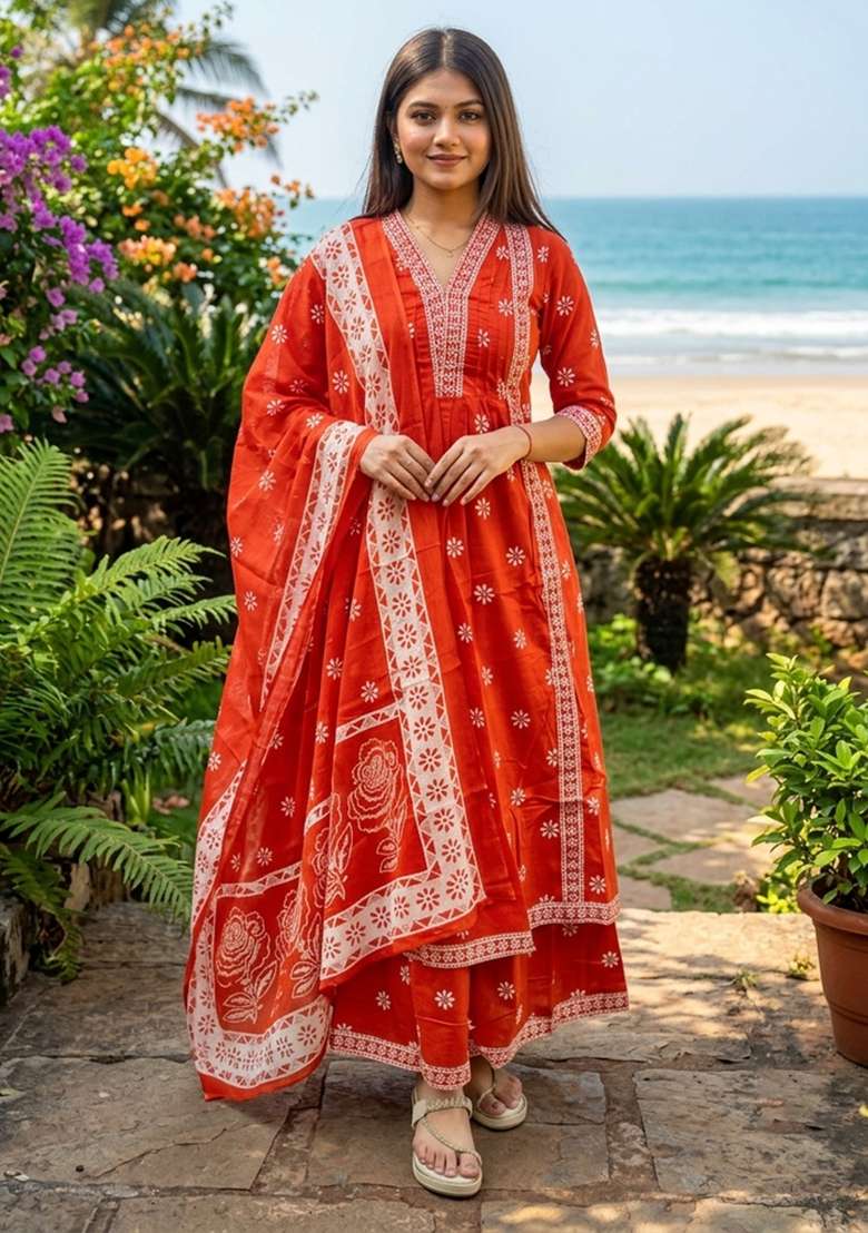 Orange Printed Cotton Kurta Set - Indya