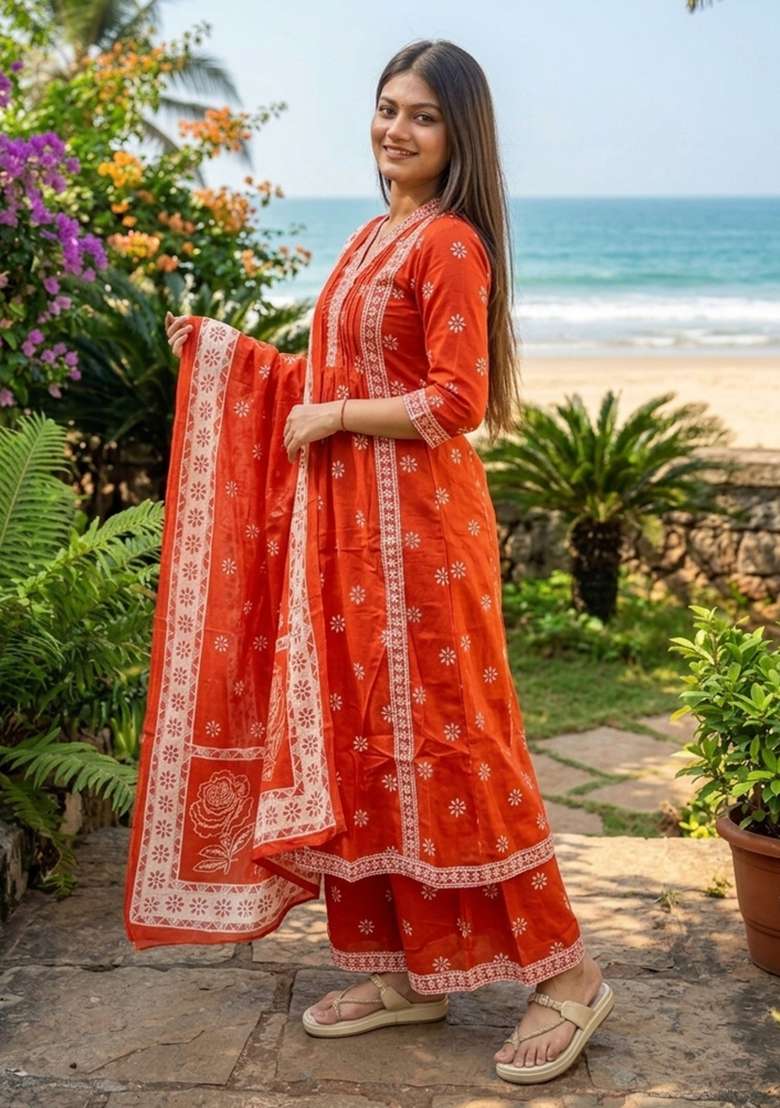 Orange Printed Cotton Kurta Set - Indya